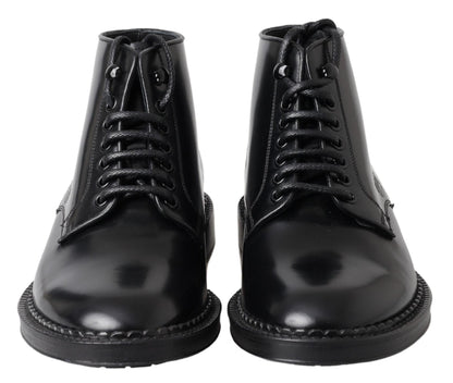 Dolce & Gabbana Black Leather Men Short Boots Lace Up Shoes
