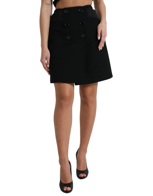 Dolce & Gabbana Black Wool Button High Waist Aline Mini Skirt