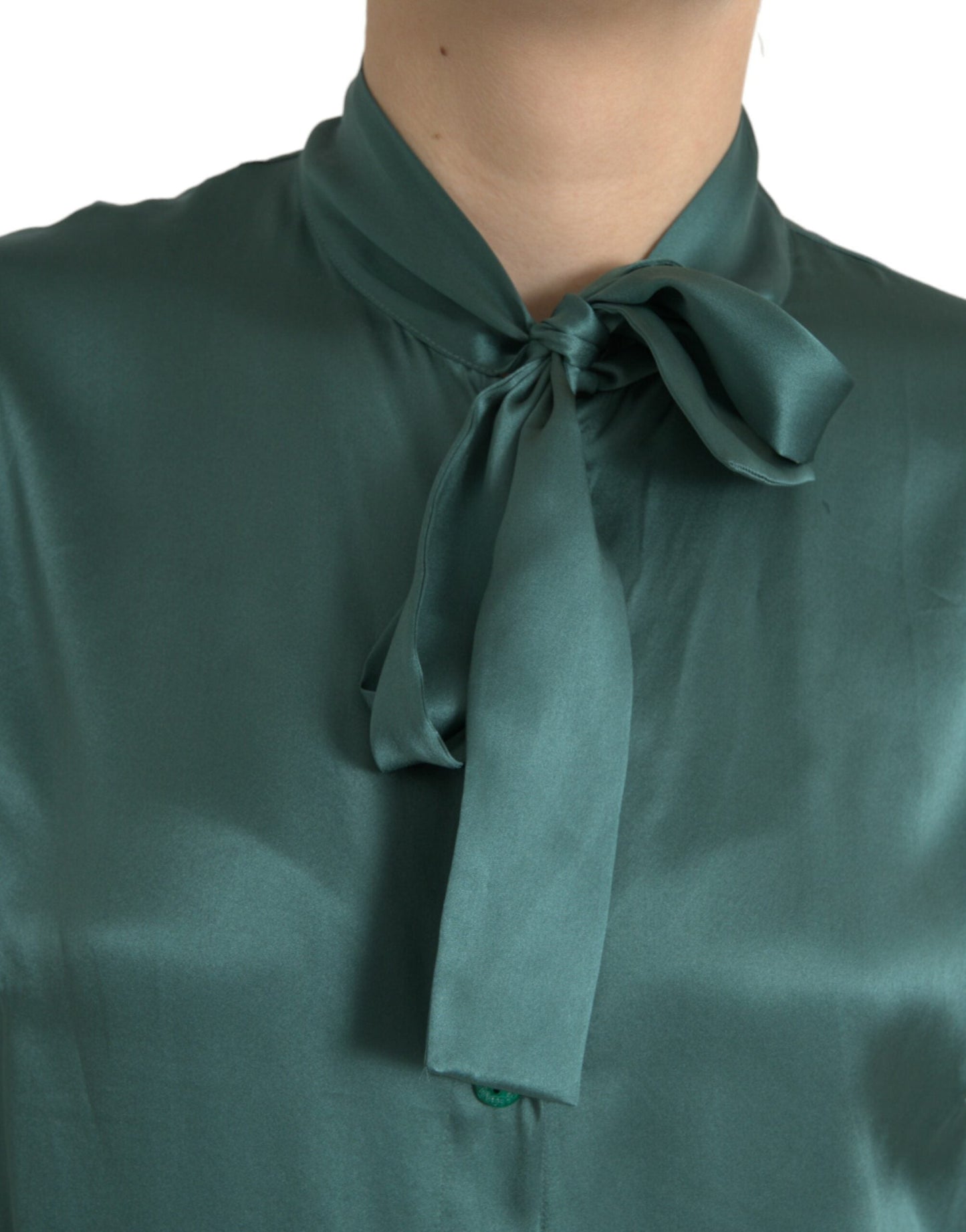 Dolce & Gabbana Dark Green Silk Ascot Collar Blouse Top