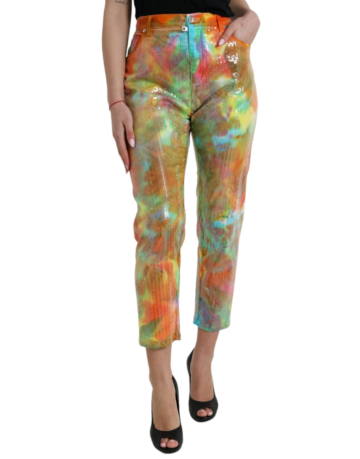 Dolce & Gabbana Multicolor Tie Dye Sequined High Waist Cropped Pants