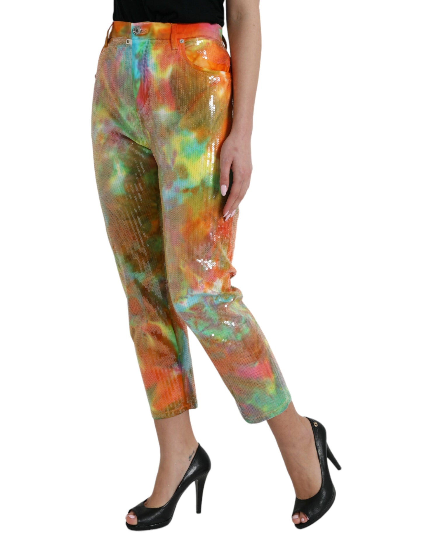 Dolce & Gabbana Multicolor Tie Dye Sequined High Waist Cropped Pants