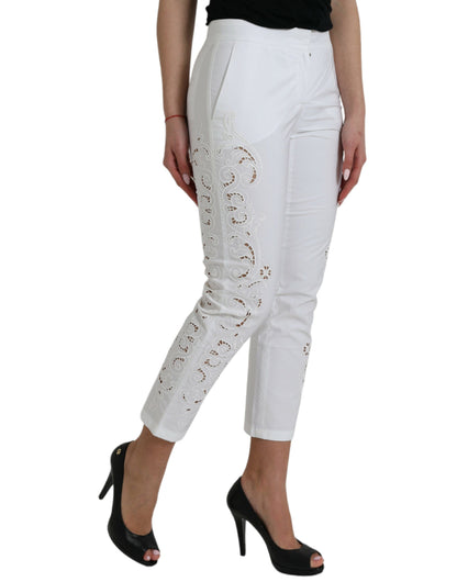 Dolce & Gabbana White Cut Out Cotton Mid Waist Cropped Pants