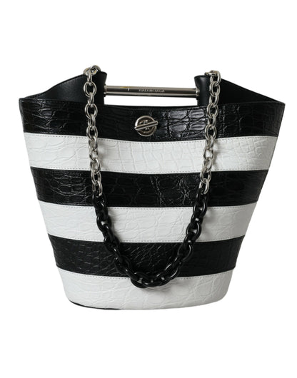 Balenciaga Black White Striped Exotic Skin Leather Maxi Bucket Tote Bag