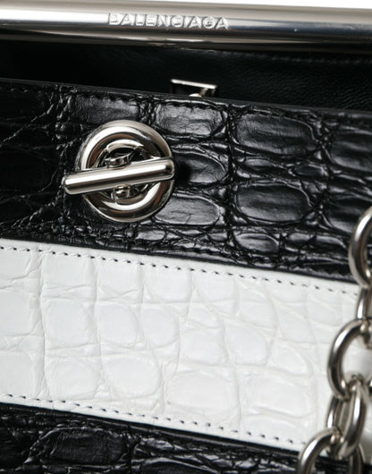 Balenciaga Black White Striped Exotic Skin Leather Maxi Bucket Tote Bag