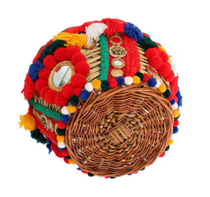 Dolce & Gabbana Multicolor AGNESE Straw Crystal  Pom Pom Bag