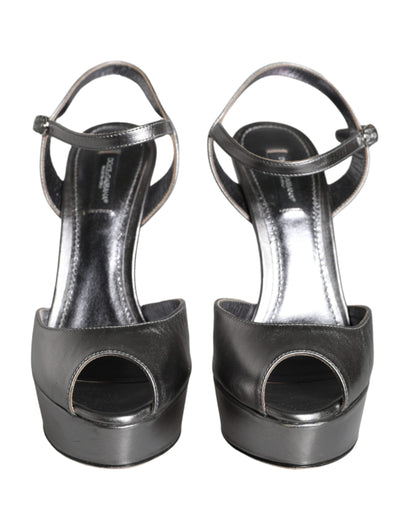 Dolce & Gabbana Metallic Silver Leather Keira Platform Sandals Shoes