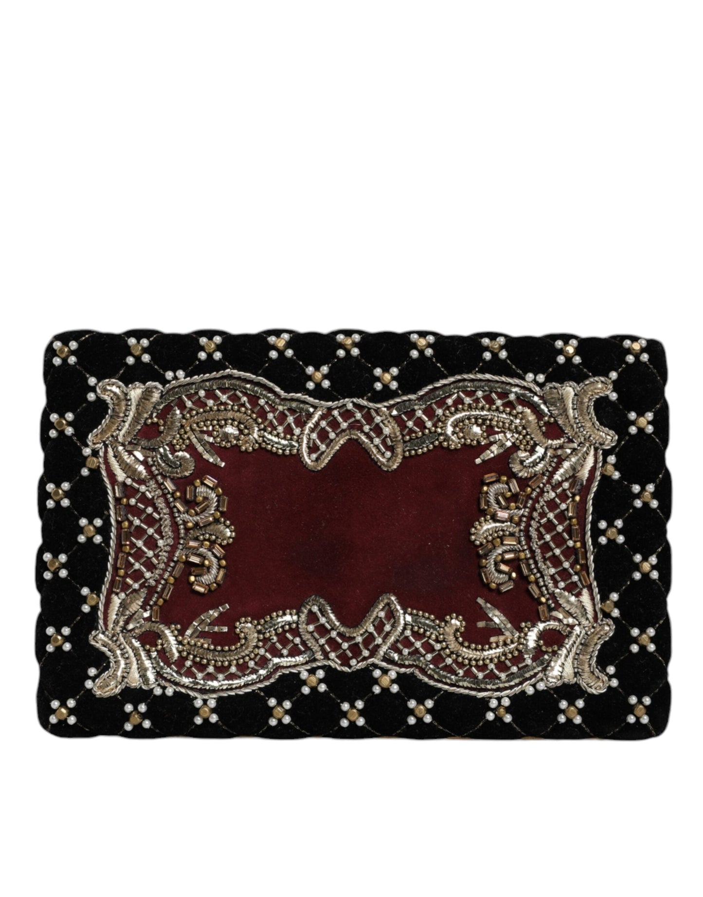 Dolce & Gabbana Bordeaux Black Velvet Gold Frame Clutch Evening Purse Bag