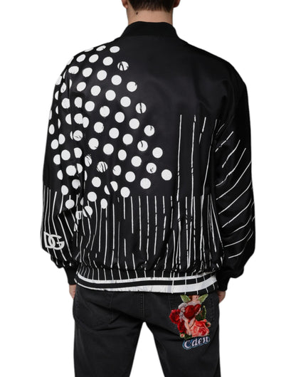 Dolce & Gabbana Black Polka Dot Stripe Nylon Bomber Jacket