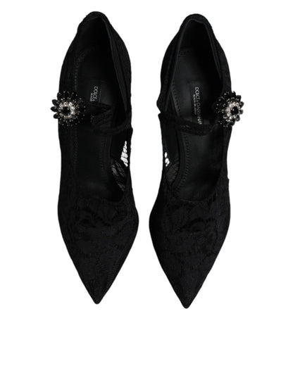 Dolce & Gabbana Black Lace Crystals Mary Jane Pumps Shoes