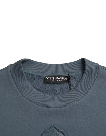 Dolce & Gabbana Blue Cotton Logo Patch Crew Neck Men Pullover Sweater