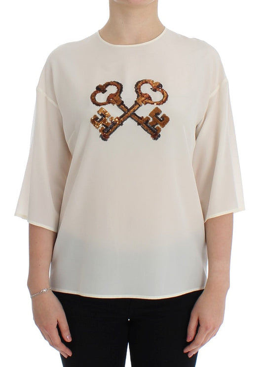 Dolce & Gabbana White Sequined Key Silk Blouse T-shirt Top