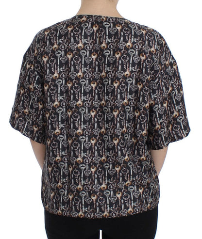 Dolce & Gabbana Gray Gold Key Print Silk Blouse T-shirt