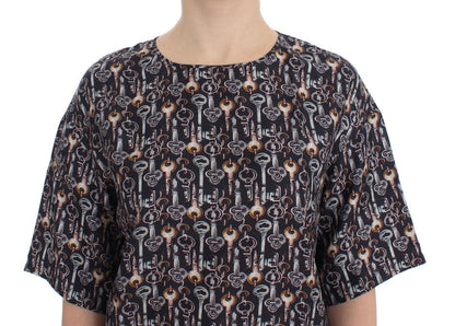 Dolce & Gabbana Gray Gold Key Print Silk Blouse T-shirt