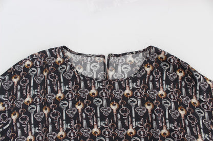 Dolce & Gabbana Gray Gold Key Print Silk Blouse T-shirt