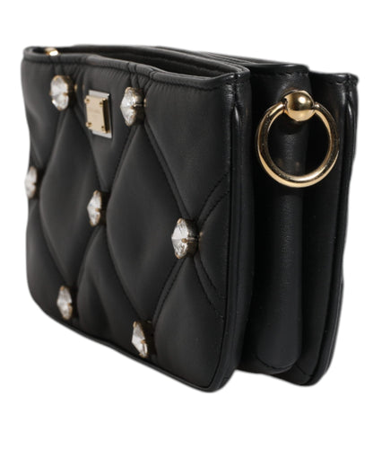Dolce & Gabbana Black Leather Crystal Embellished Logo Shoulder Bag