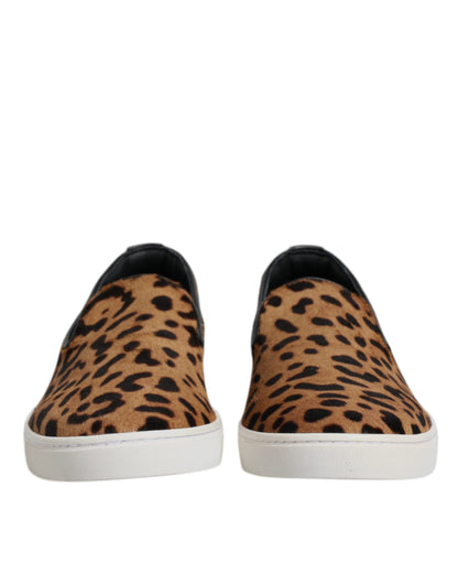 Dolce & Gabbana Brown Calfskin Fur Leopard Sneakers Shoes