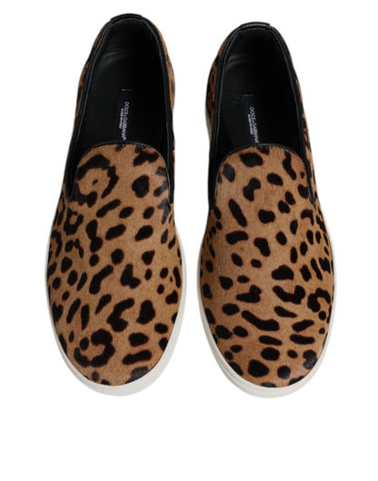 Dolce & Gabbana Brown Calfskin Fur Leopard Sneakers Shoes