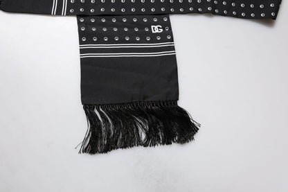 Dolce & Gabbana Black White Polka Dotted Silk Skinny Fringes Scarf