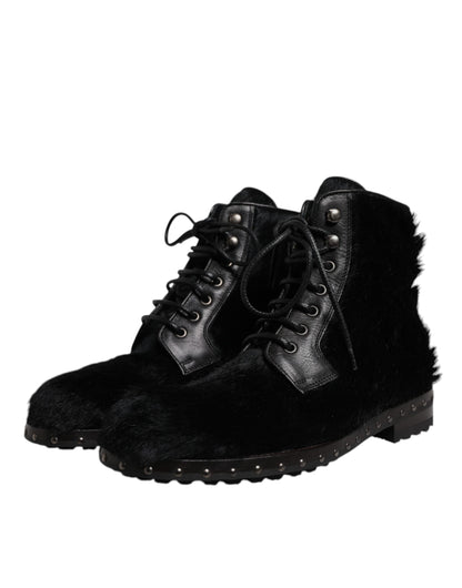 Dolce & Gabbana Black Pony Style Leather Mid Calf Boots Shoes