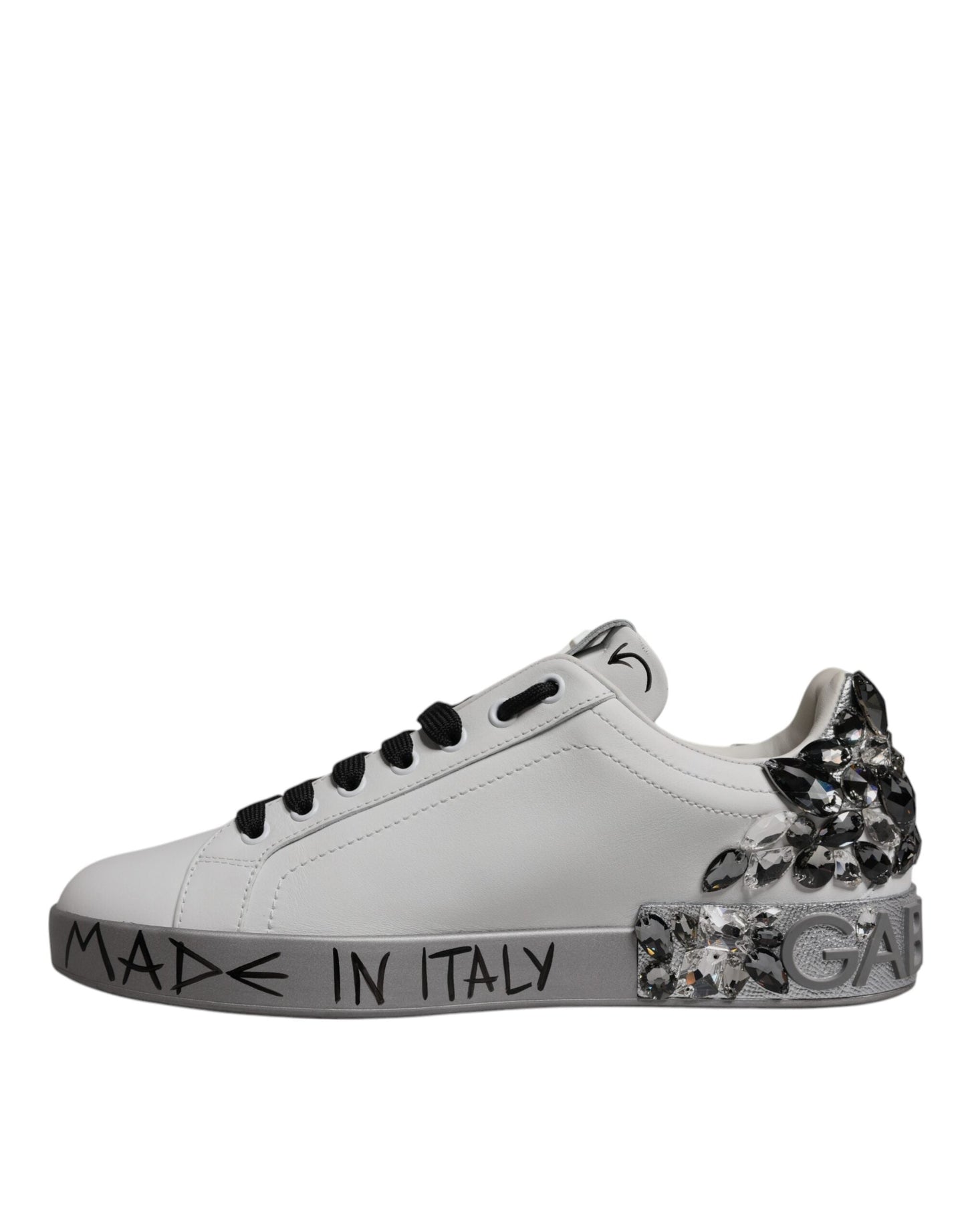 Dolce & Gabbana White Silver Crystal Logo Portofino Sneakers Shoes