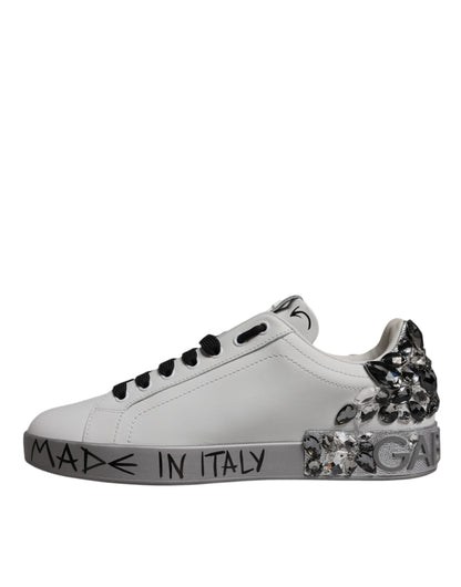Dolce & Gabbana White Silver Crystal Logo Portofino Sneakers Shoes
