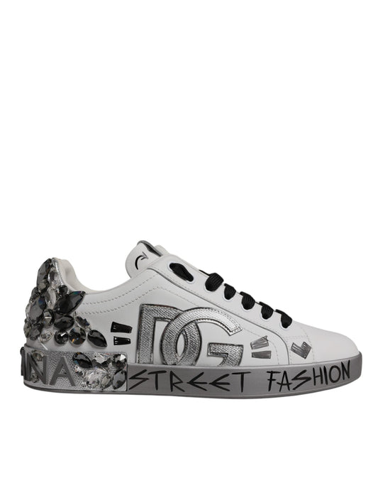 Dolce & Gabbana White Silver Crystal Logo Portofino Sneakers Shoes