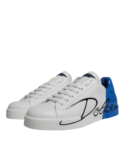 Dolce & Gabbana White Blue Leather Logo Low Top Sneakers Shoes