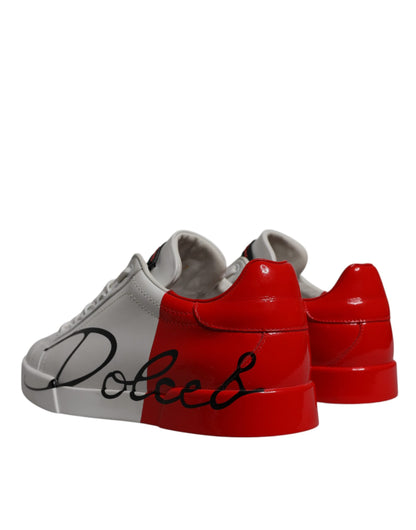 Dolce & Gabbana White Red Leather Logo Low Top Sneakers Shoes