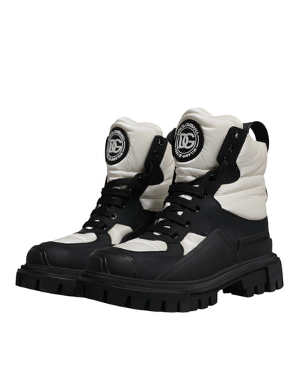 Dolce & Gabbana Black White Padded Mid Calf Lace Up Boots Shoes