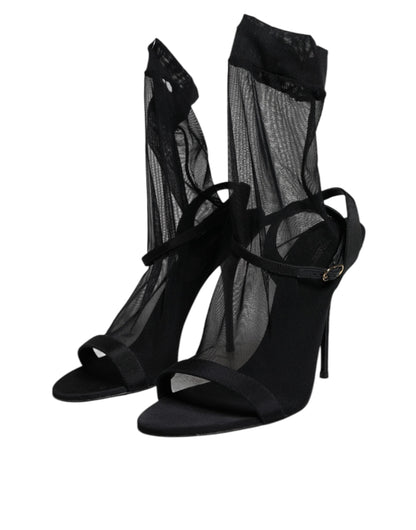 Dolce & Gabbana Black Tulle Stretch Heels Sandals Shoes