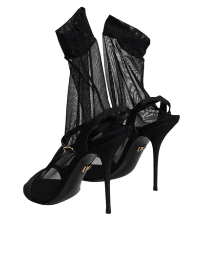 Dolce & Gabbana Black Tulle Stretch Heels Sandals Shoes