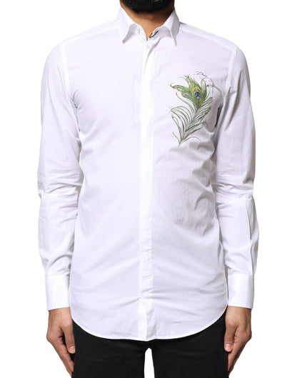 Dolce & Gabbana White Cotton Peacock Feather GOLD Formal Shirt