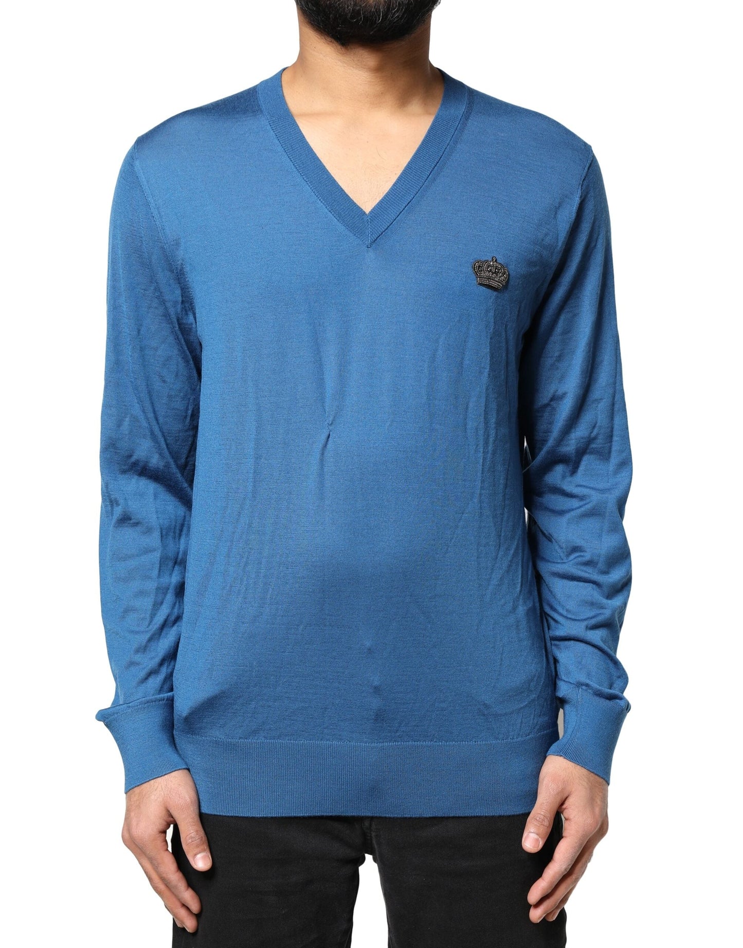 Dolce & Gabbana Blue Cashmere Crown V-neck Pullover Sweater
