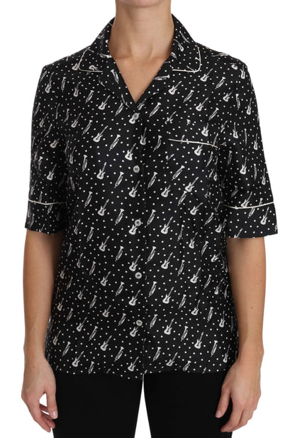 Dolce & Gabbana Black GuitarTrumpet Print Silk Shirt Top