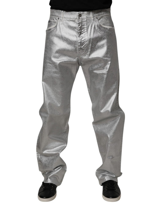Dolce & Gabbana Metallic Silver Cotton Straight Denim Jeans