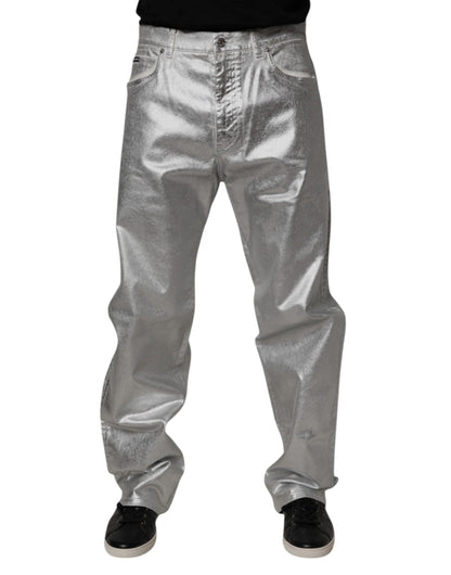 Dolce & Gabbana Metallic Silver Cotton Straight Denim Jeans