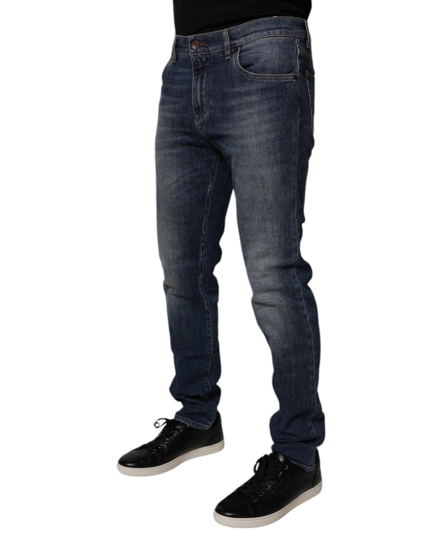 Dolce & Gabbana Dark Blue Cotton Leather Skinny Denim Jeans