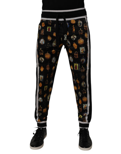 Dolce & Gabbana Black Religious Print Silk Men Jogger Pants