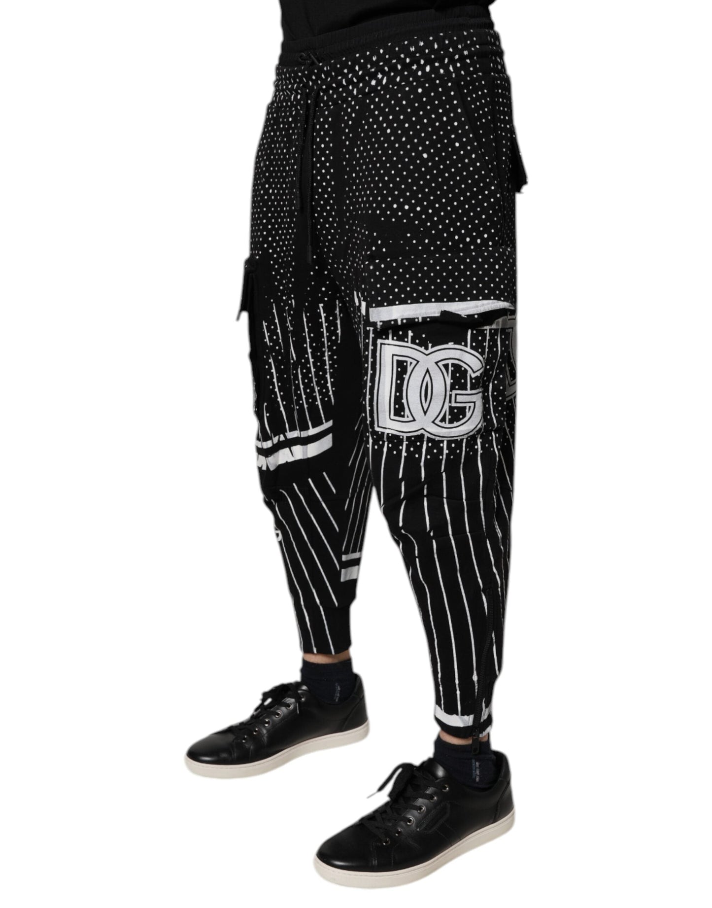 Dolce & Gabbana Black Polka Dot Stripes Cargo Jogger Sweatpants Pants