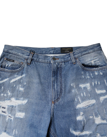 Dolce & Gabbana Blue Tattered Straight Cotton Denim Jeans