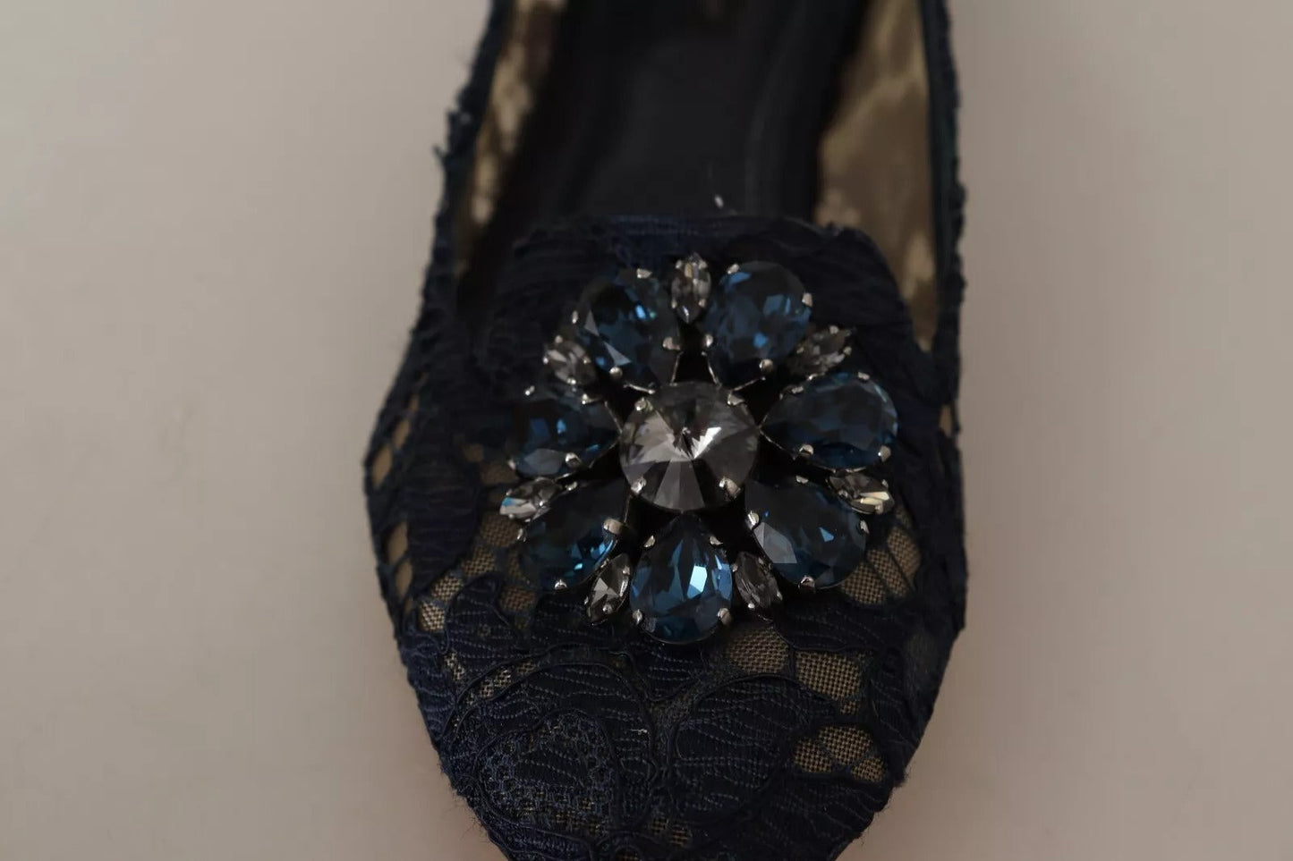 Dolce & Gabbana Blue Crystal Loafer Lace Ballet Flats Shoes
