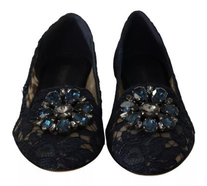 Dolce & Gabbana Blue Crystal Loafer Lace Ballet Flats Shoes