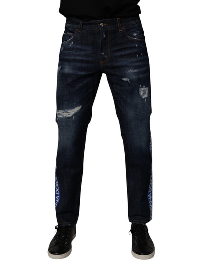 Dolce & Gabbana Dark Blue Cotton Tattered Skinny Denim Jeans