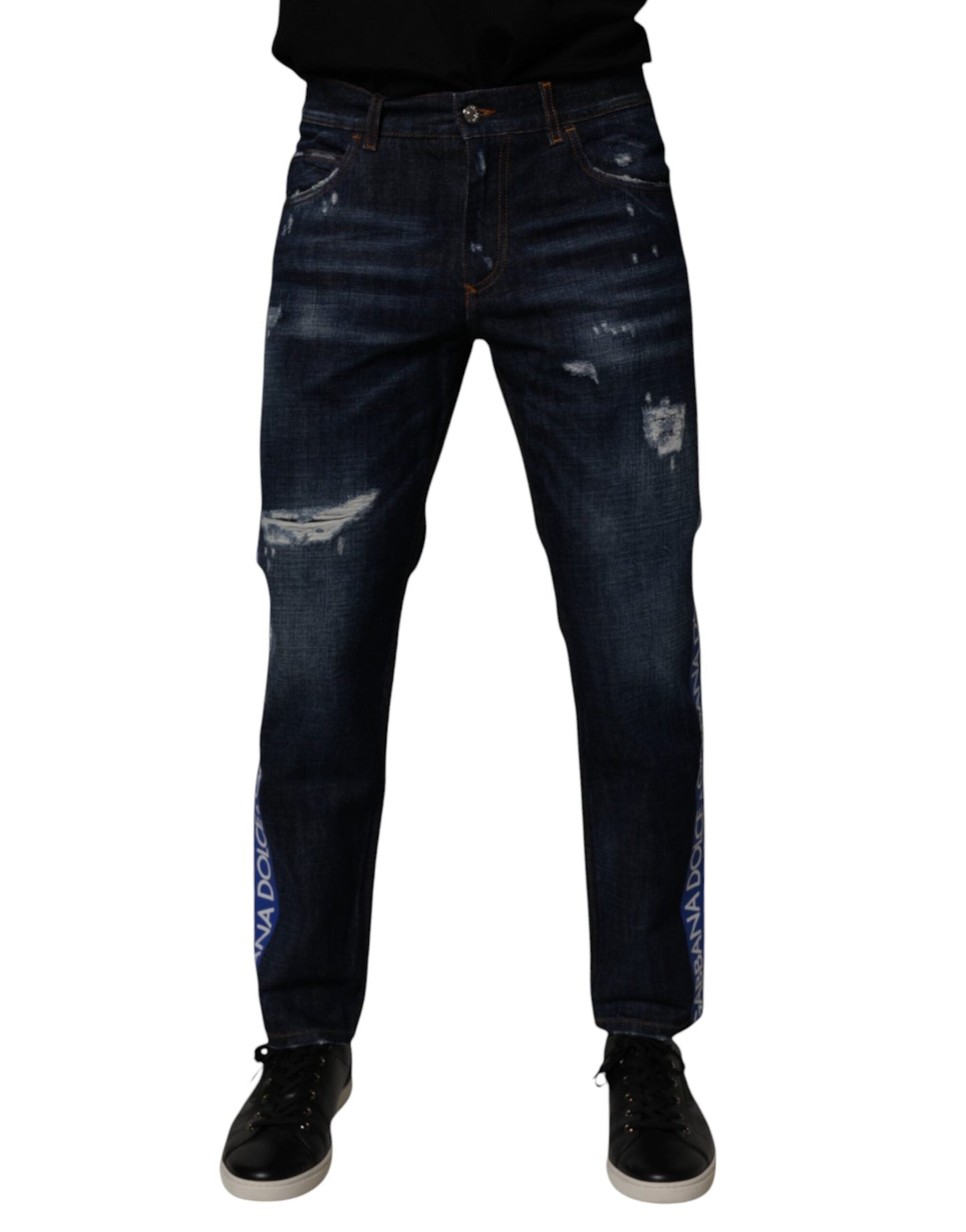 Dolce & Gabbana Dark Blue Cotton Tattered Skinny Denim Jeans