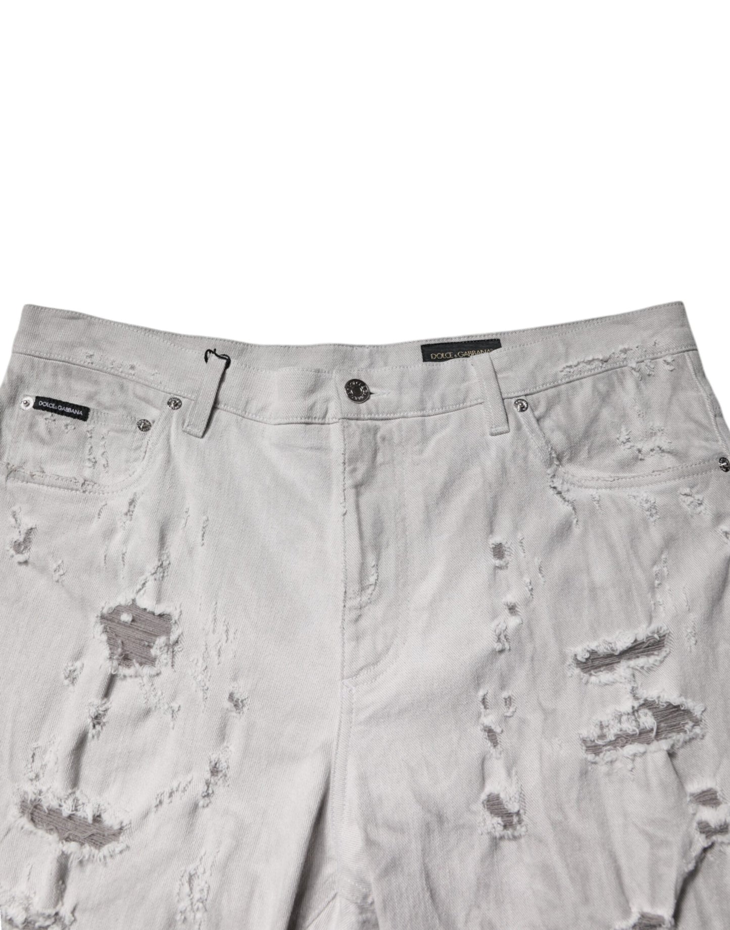 Dolce & Gabbana Light Gray Tattered Men Denim Bermuda Shorts