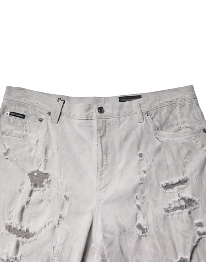 Dolce & Gabbana Light Gray Tattered Men Denim Bermuda Shorts
