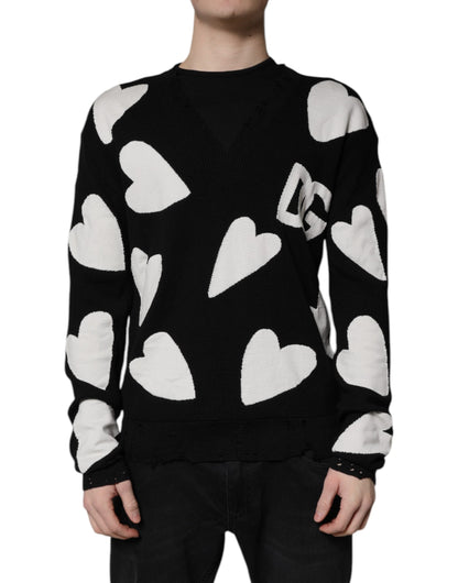 Dolce & Gabbana Black Hearts Silk Crew Neck Pullover Sweater