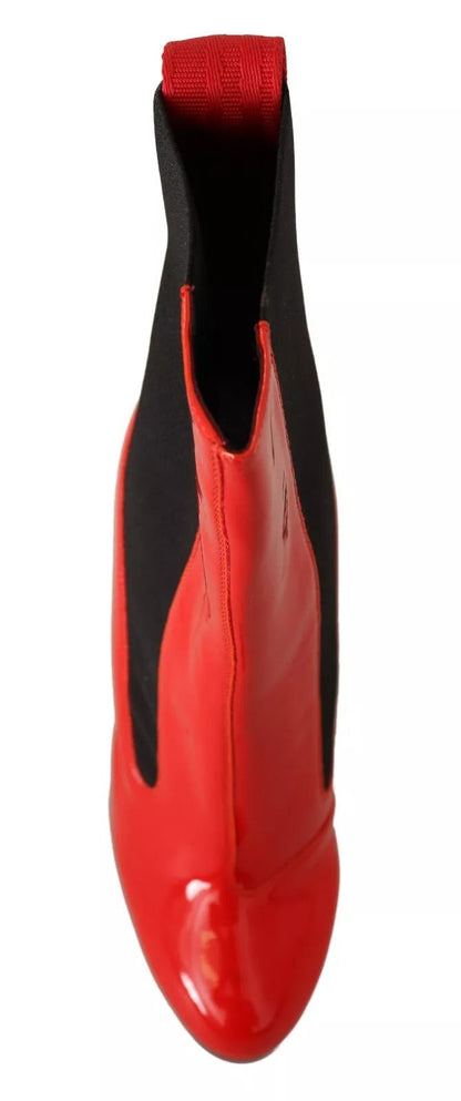 GCDS Red Leather Black Fabric Logo Heel Ankle Boots Shoes