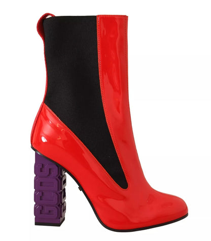 GCDS Red Leather Black Fabric Logo Heel Ankle Boots Shoes