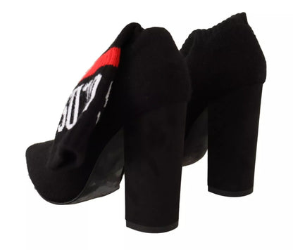 GCDS Black Suede Logo Socks Block Heel Ankle Boots Shoes